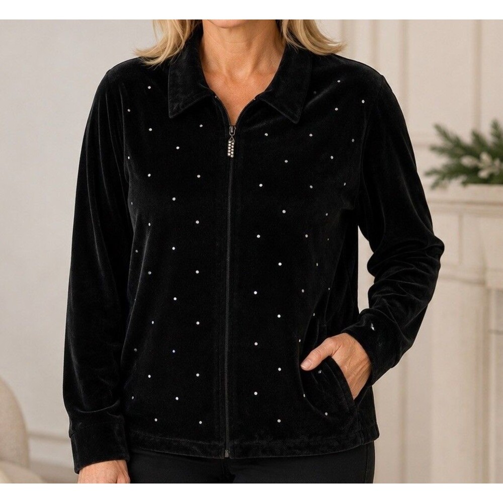 Vintage Quacker Factory Black Velvet Shirt Women's XL Rhinestones 1990s Zip Up